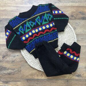 Vintage 90s JPI Sweater & Pants Toddler Outfit 18M Black Knit Colorful Print